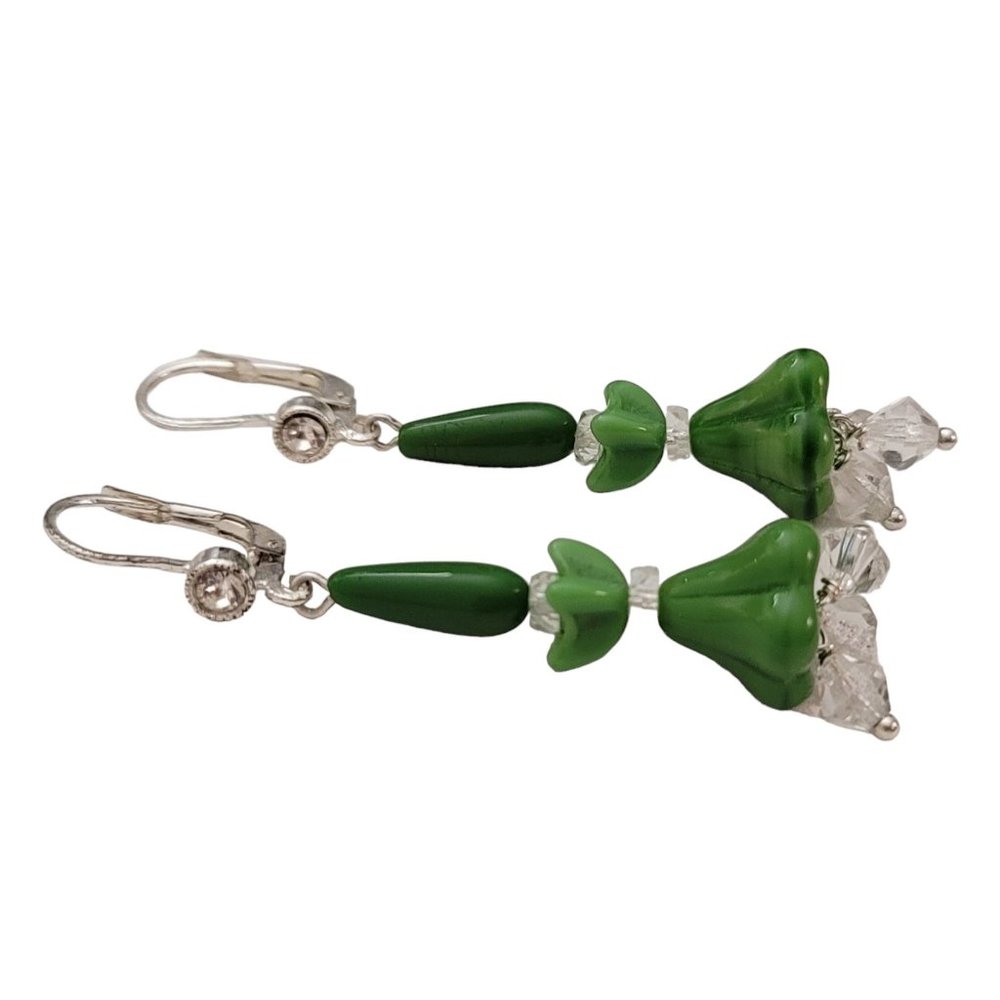 Czech Vintage Green Clear Glass Beads Lever Back Dangle Drop Earrings E155 - Picture 2 of 6